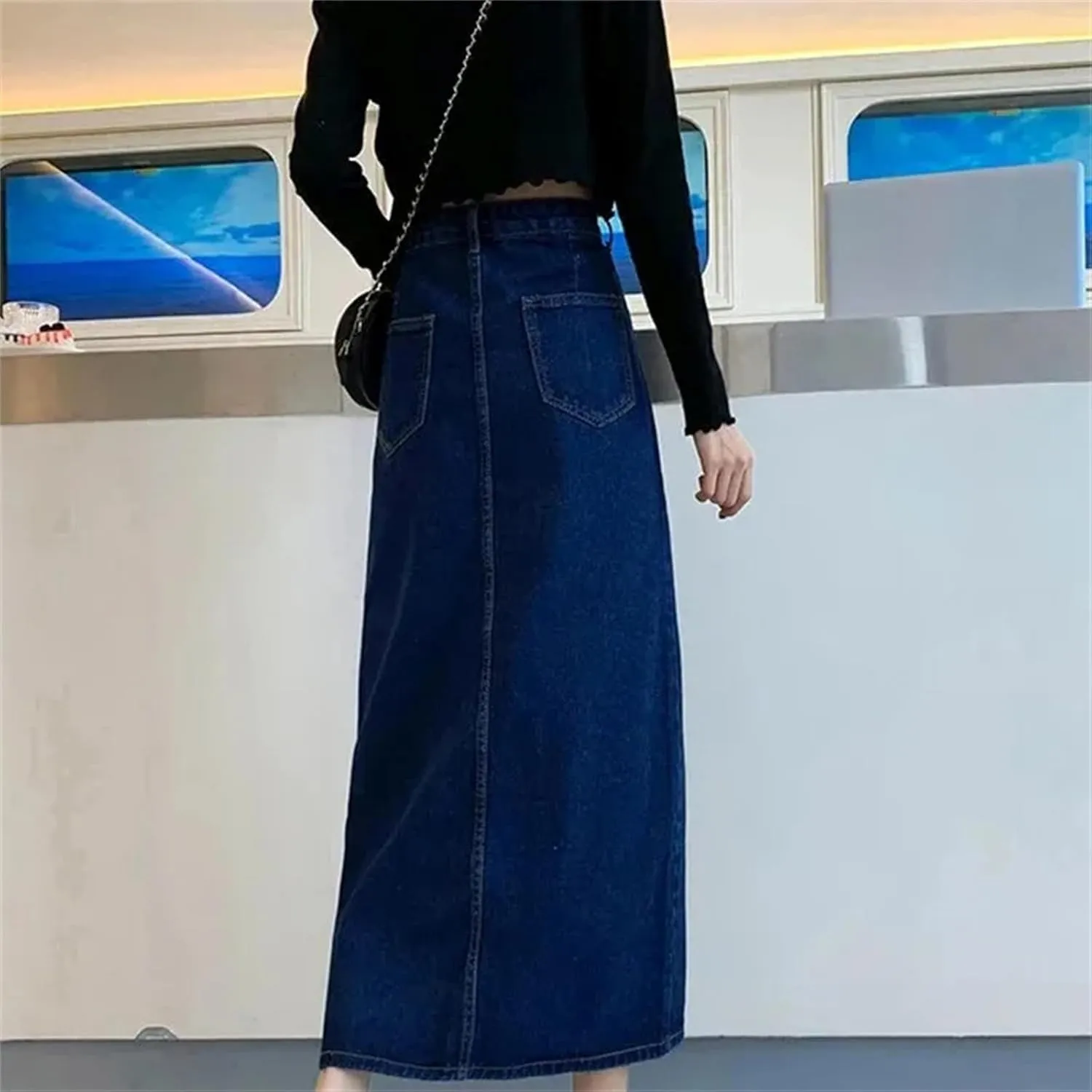 Women's High-Waisted Denim Skirt  Medium-Length Side Slit A-Line Plus Size Casual Spring Summer Dress
