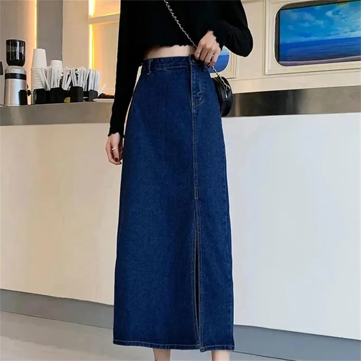Women's High-Waisted Denim Skirt  Medium-Length Side Slit A-Line Plus Size Casual Spring Summer Dress