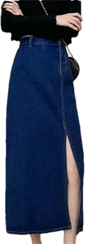 Women's High-Waisted Denim Skirt  Medium-Length Side Slit A-Line Plus Size Casual Spring Summer Dress