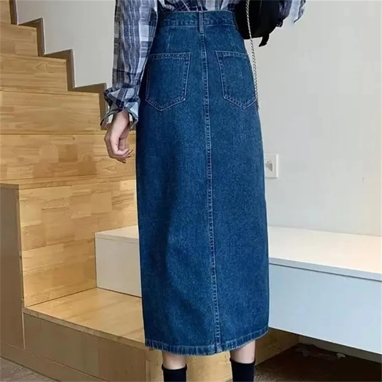 Women's High-Waisted Denim Skirt  Medium-Length Side Slit A-Line Plus Size Casual Spring Summer Dress
