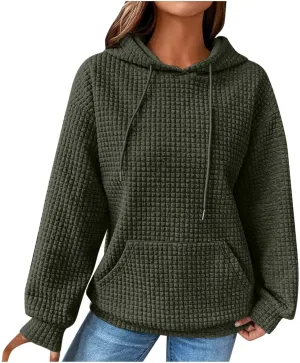 Womens Hoodies Casual Long Sleeve Drawstring Waffle Knit Pullover Tops Loose Hooded Sweatshirt with Pocket Fall Clothes