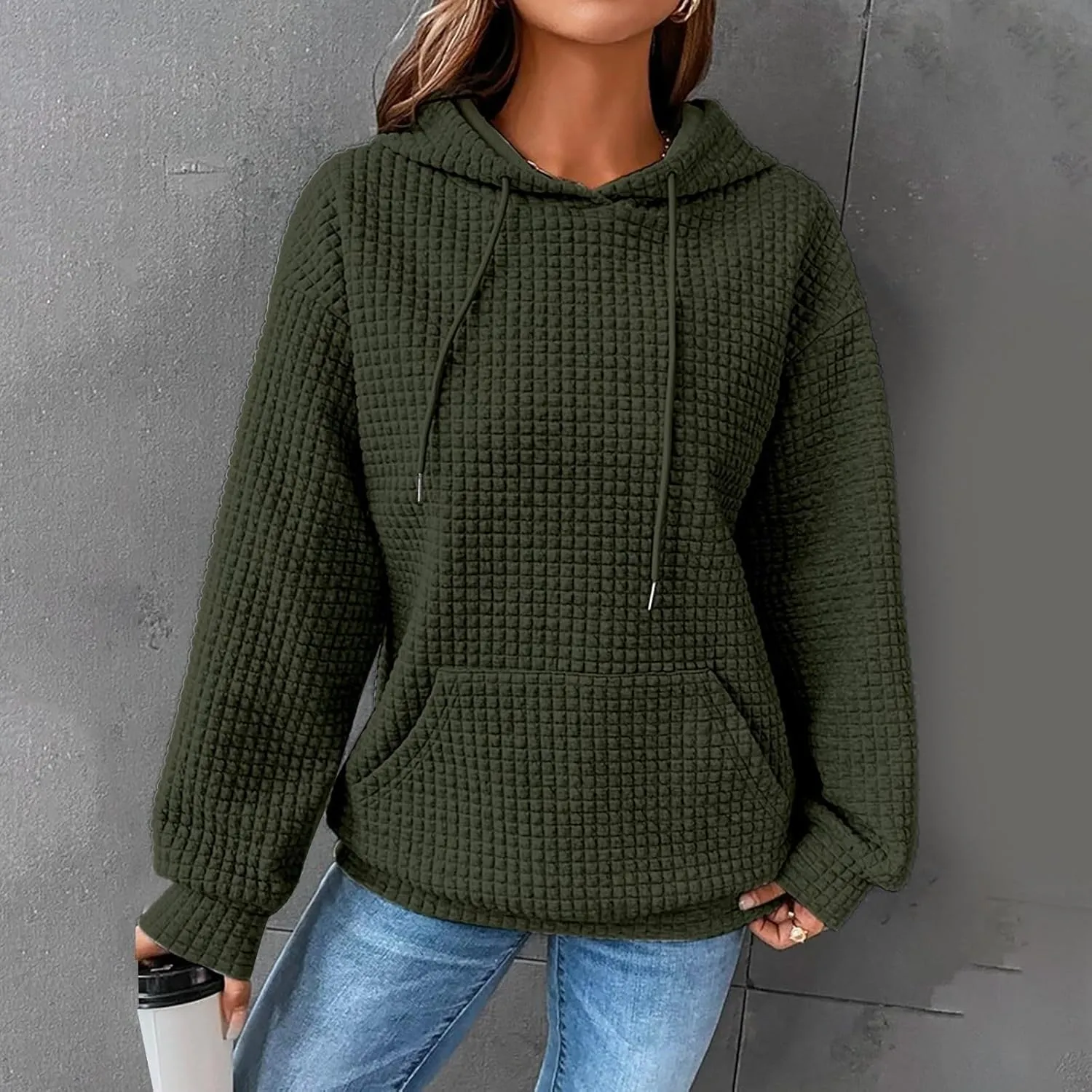 Womens Hoodies Casual Long Sleeve Drawstring Waffle Knit Pullover Tops Loose Hooded Sweatshirt with Pocket Fall Clothes