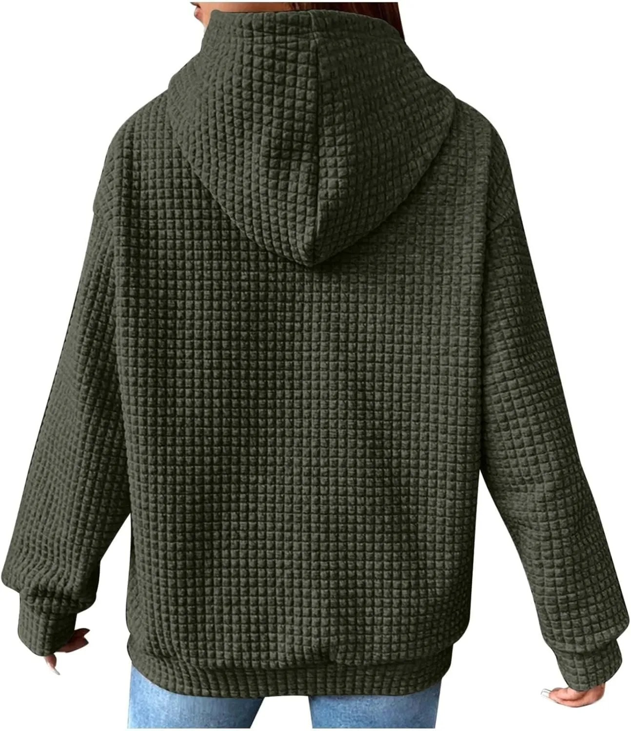 Womens Hoodies Casual Long Sleeve Drawstring Waffle Knit Pullover Tops Loose Hooded Sweatshirt with Pocket Fall Clothes