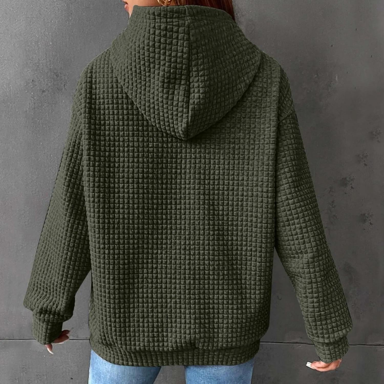 Womens Hoodies Casual Long Sleeve Drawstring Waffle Knit Pullover Tops Loose Hooded Sweatshirt with Pocket Fall Clothes