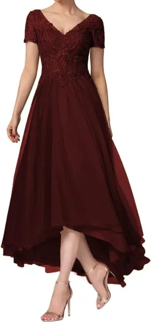 Women's Laces Appliques Mother of The Bride Dresses for Wedding Tea Length Cap Sleeves Mother of The Groom Dresses