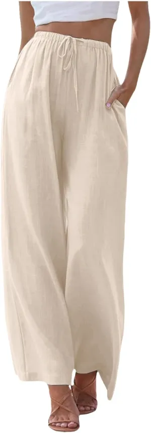 Women's Linen Palazzo Pants Summer Casual Vacation High Waist Wide Leg Trousers Trendy Pant with Pockets