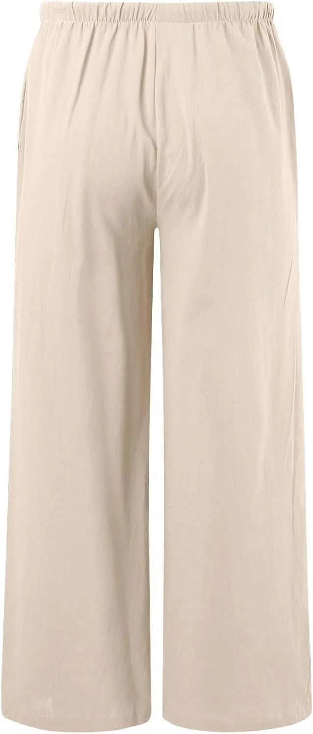 Women's Linen Palazzo Pants Summer Casual Vacation High Waist Wide Leg Trousers Trendy Pant with Pockets