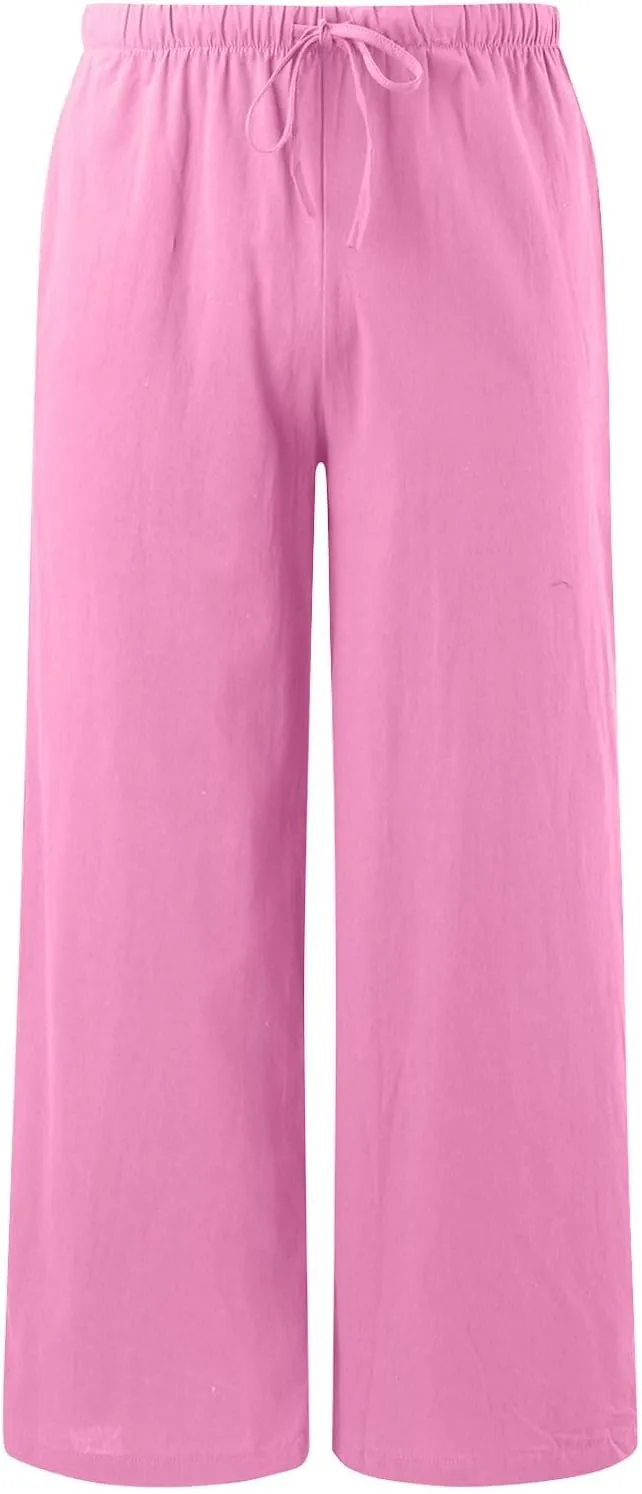 Women's Linen Palazzo Pants Summer Casual Vacation High Waist Wide Leg Trousers Trendy Pant with Pockets