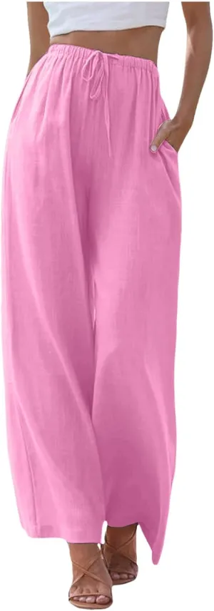 Women's Linen Palazzo Pants Summer Casual Vacation High Waist Wide Leg Trousers Trendy Pant with Pockets