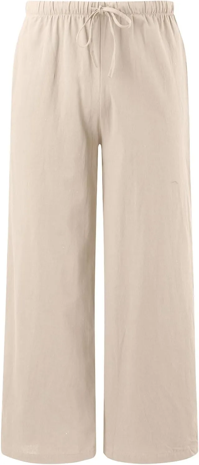 Women's Linen Palazzo Pants Summer Casual Vacation High Waist Wide Leg Trousers Trendy Pant with Pockets