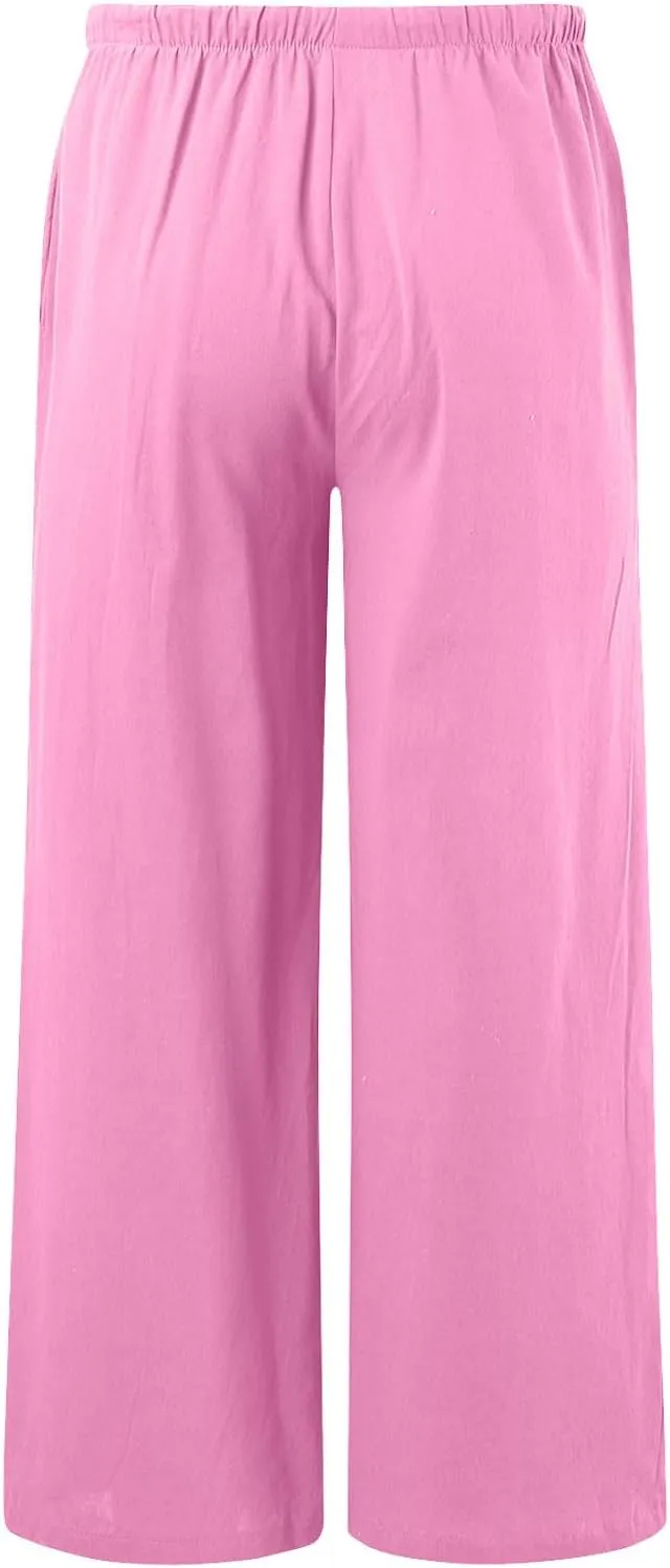 Women's Linen Palazzo Pants Summer Casual Vacation High Waist Wide Leg Trousers Trendy Pant with Pockets