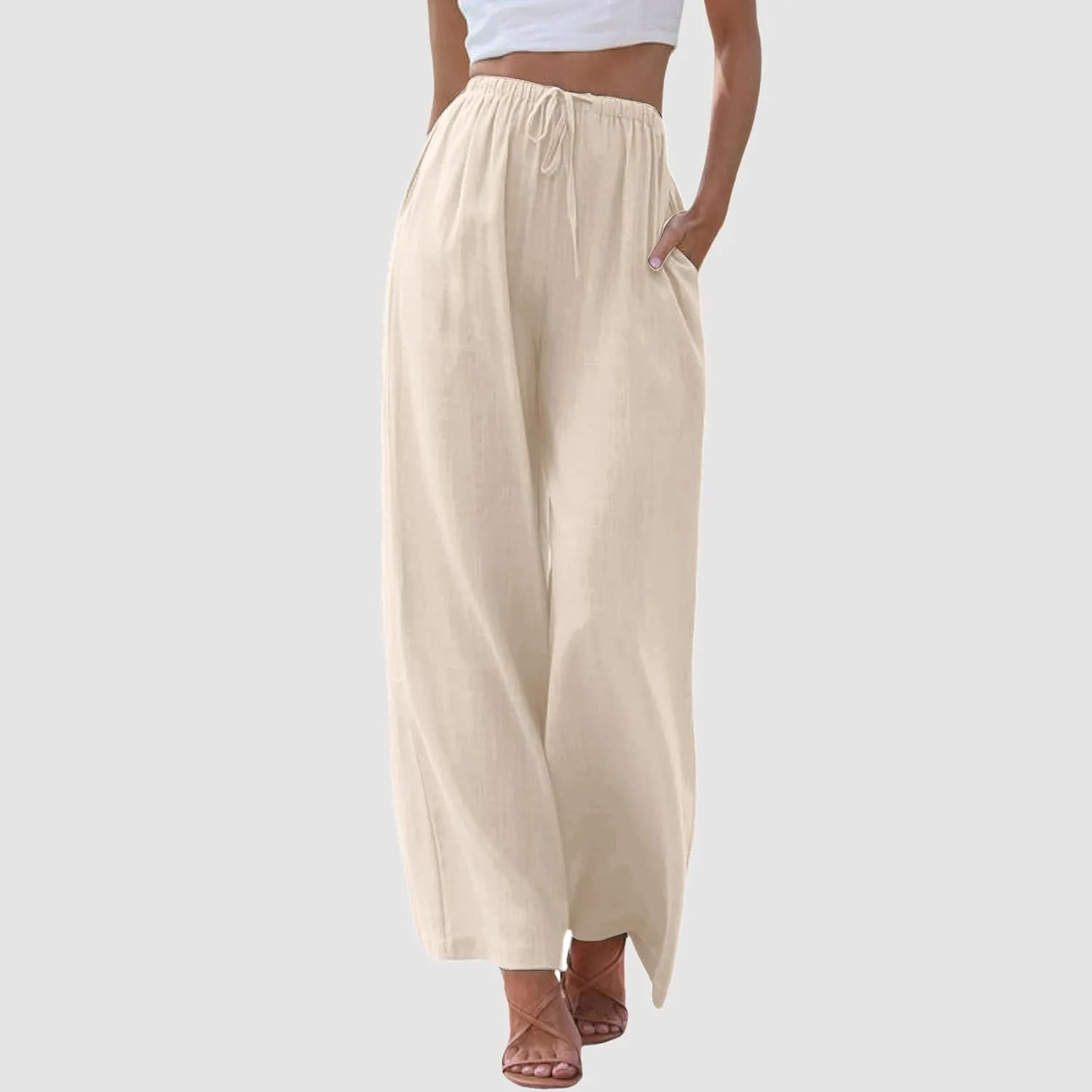 Women's Linen Palazzo Pants Summer Casual Vacation High Waist Wide Leg Trousers Trendy Pant with Pockets