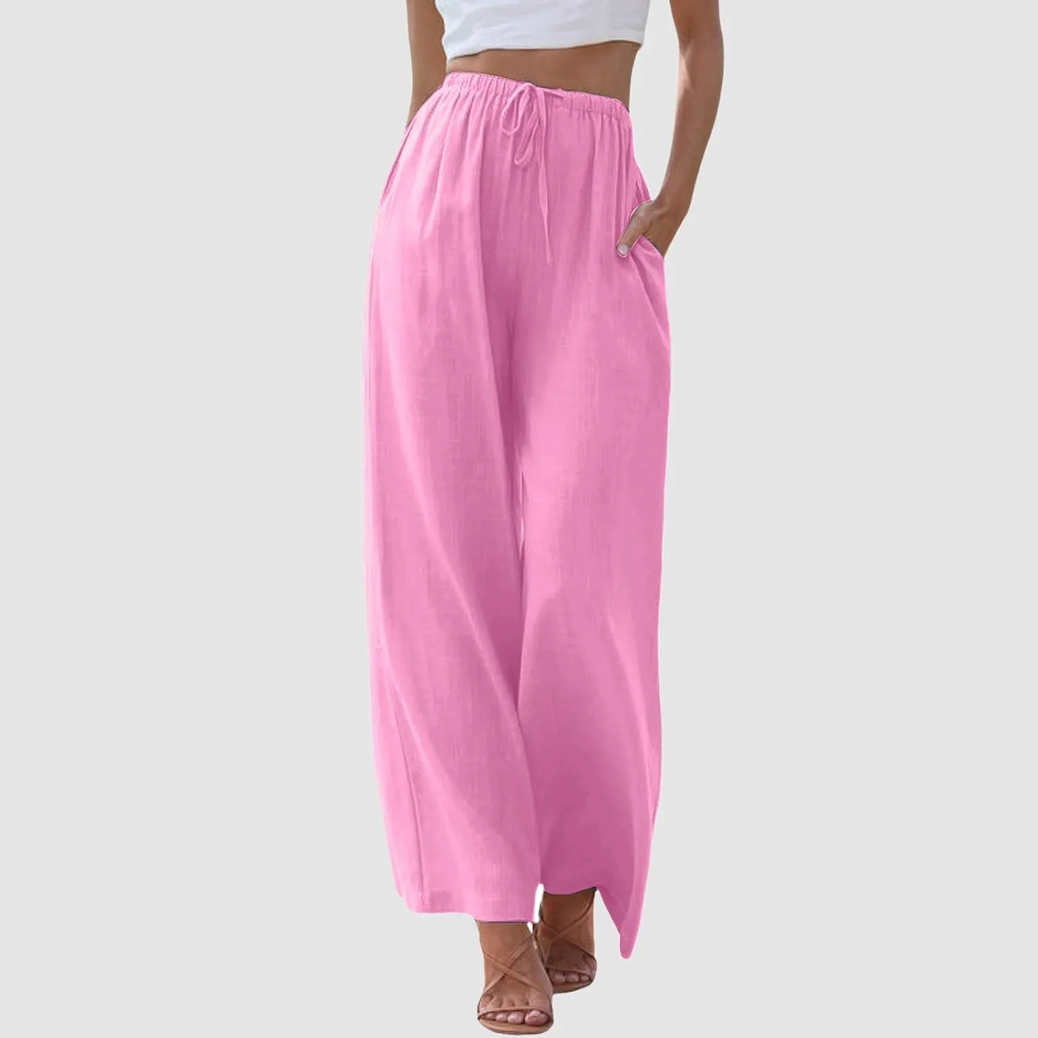 Women's Linen Palazzo Pants Summer Casual Vacation High Waist Wide Leg Trousers Trendy Pant with Pockets