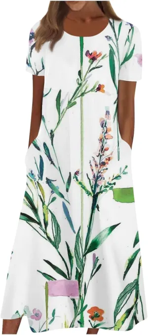 Womens Long Maxi Dresses 2025 Short Sleeve V Neck Casual Summer Pleated Tshirt Dress with Pockets Beach Vacation Dresses