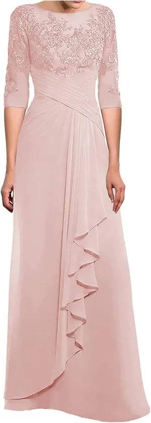 Women's Mother of The Bride Dresses for Wedding with Sleeves Long Chiffon Lace Formal Evening Gown