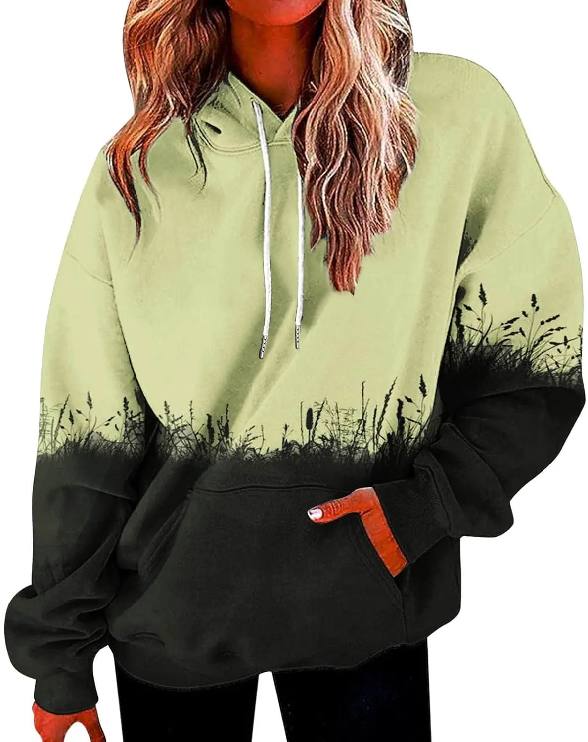 Women's Painted Oversized Hoodies Long Sleeve Drawstring Pullover Tops with Pockets 2024 Fall Trendy Loose Sweatshirt
