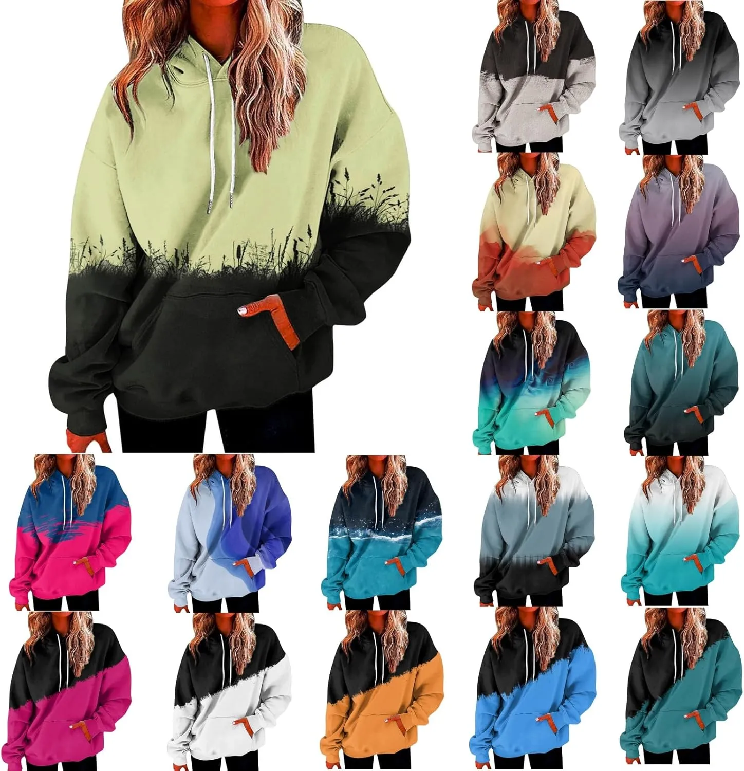 Women's Painted Oversized Hoodies Long Sleeve Drawstring Pullover Tops with Pockets 2024 Fall Trendy Loose Sweatshirt