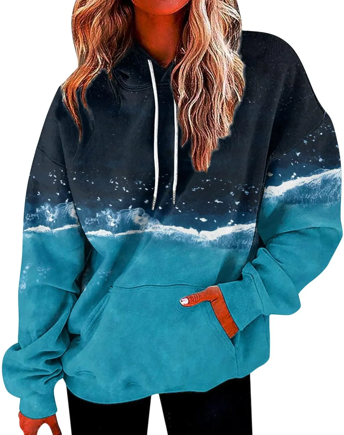 Women's Painted Oversized Hoodies Long Sleeve Drawstring Pullover Tops with Pockets 2024 Fall Trendy Loose Sweatshirt