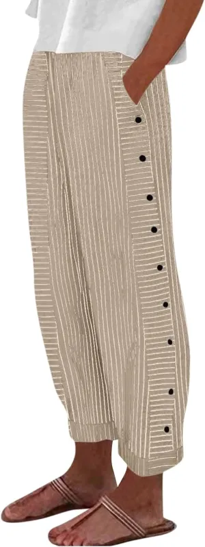 Women's Pants, Linen Straight Leg Peasant Pants Casual Side Button Loose Striped
