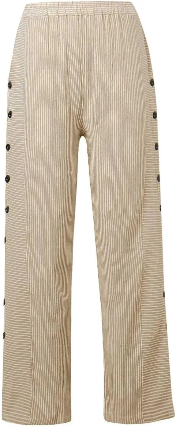 Women's Pants, Linen Straight Leg Peasant Pants Casual Side Button Loose Striped
