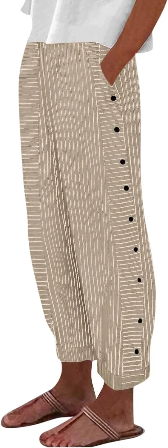 Women's Pants, Linen Straight Leg Peasant Pants Casual Side Button Loose Striped