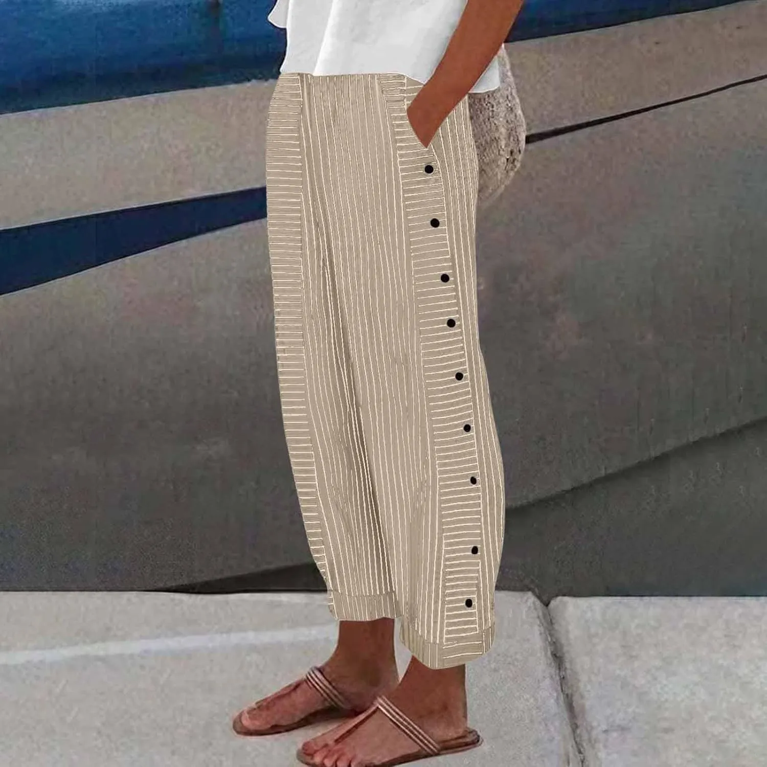 Women's Pants, Linen Straight Leg Peasant Pants Casual Side Button Loose Striped