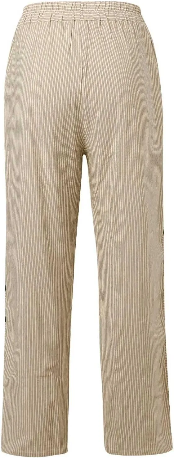 Women's Pants, Linen Straight Leg Peasant Pants Casual Side Button Loose Striped