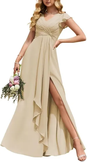 Women's Puffle Sleeve Bridesmaid Dresses Long A Line Side Slit Chiffon Formal Evening Gown with Pockets TB26