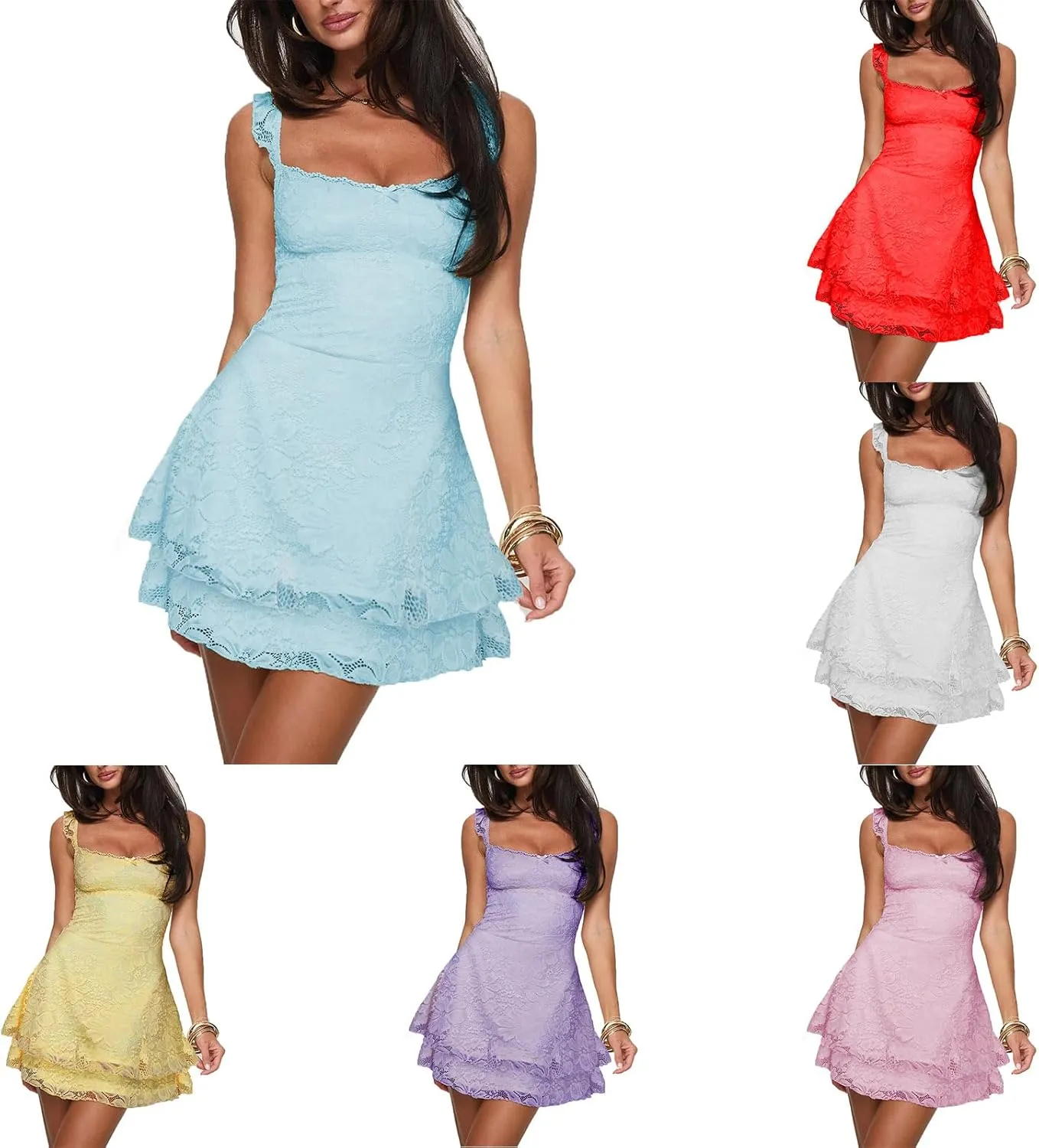 Women's Sexy Sleeveless Lace Mini Dress Low Cut Ruffle Tiered Hem Boho A-Line Dress Summer Beach Party Short Dress