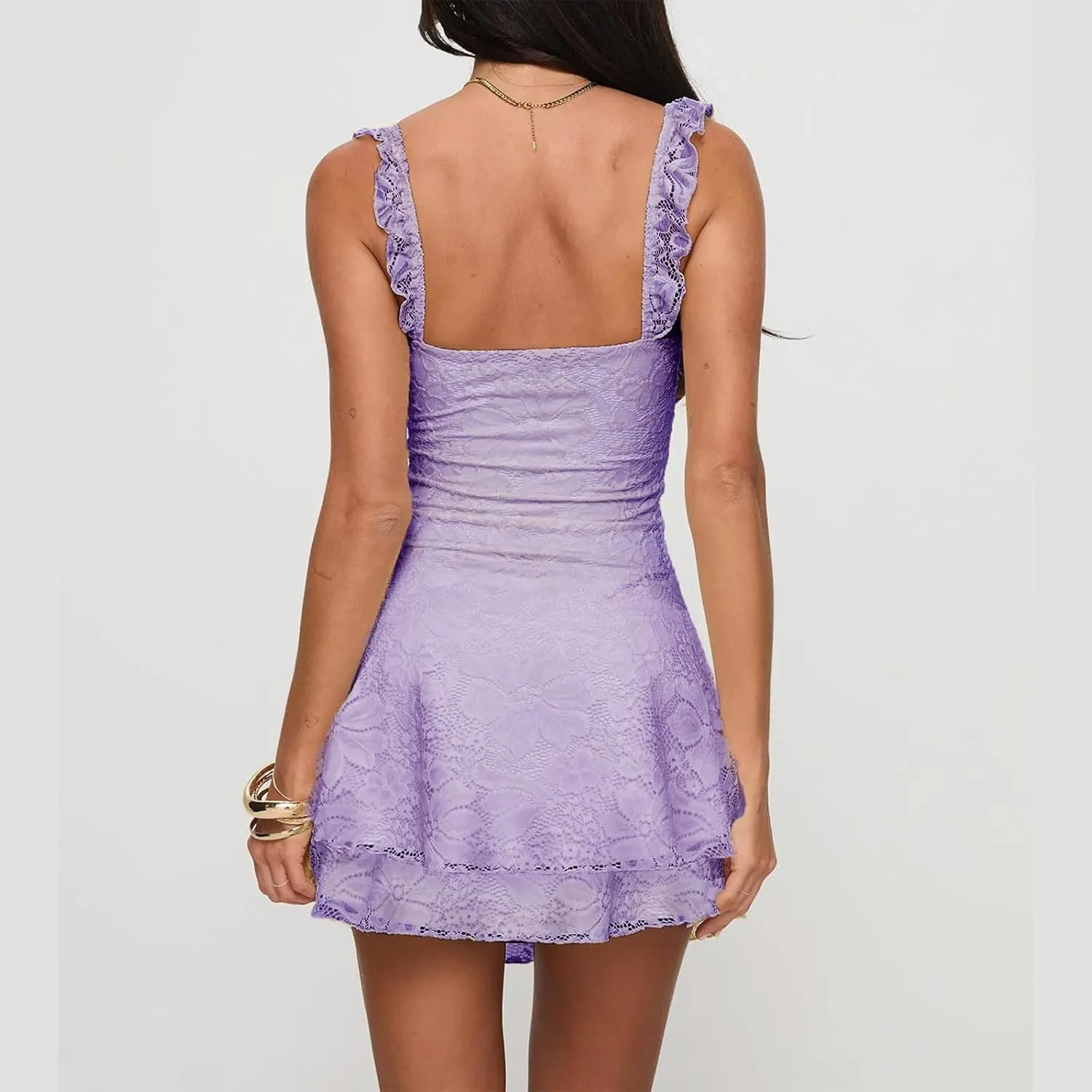 Women's Sexy Sleeveless Lace Mini Dress Low Cut Ruffle Tiered Hem Boho A-Line Dress Summer Beach Party Short Dress