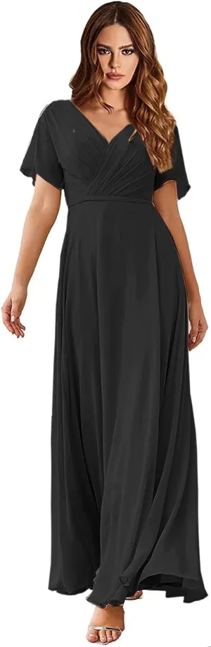 Women's Short Sleeve V-Neck Long Bridesmaid Dress Chiffon Formal Prom Evening Dress