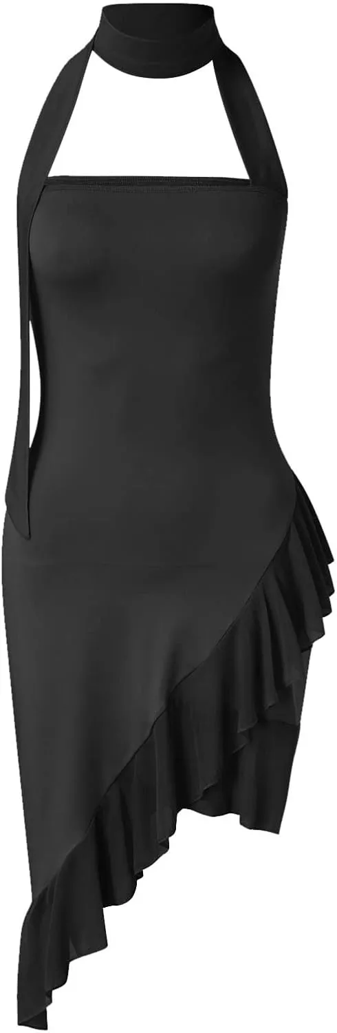 Women's Sleeveless Halter Bodycon Mini Dress Sexy Irregular Ruffle Hem Backless Short Dress Summer Strapless Tube Party Dress