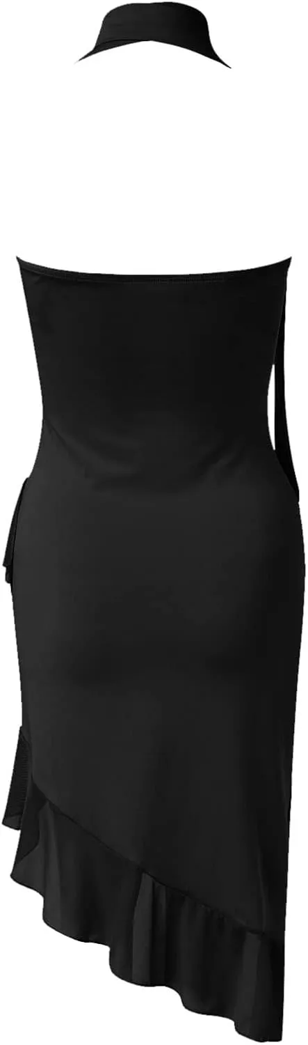 Women's Sleeveless Halter Bodycon Mini Dress Sexy Irregular Ruffle Hem Backless Short Dress Summer Strapless Tube Party Dress