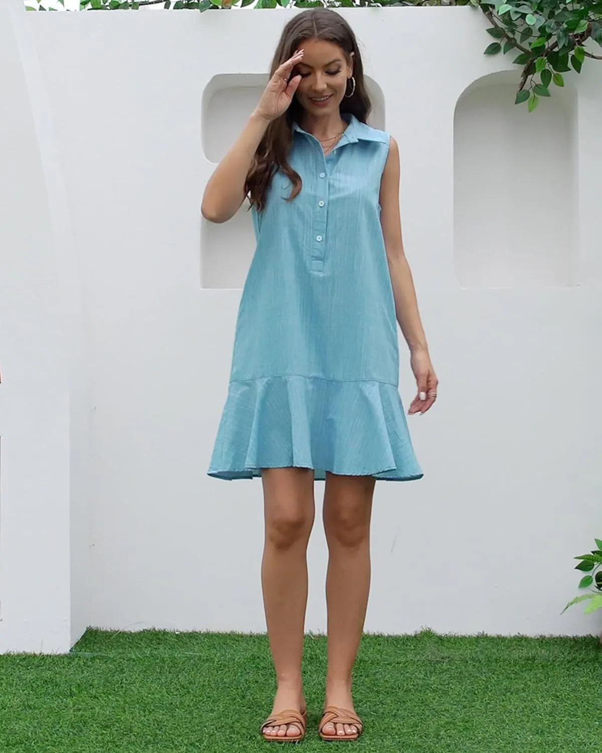Womens Sleeveless Shirt Dress Ruffle Hem Cotton Tunic Tank Dress Button Up Swing Shift Mini Dresses