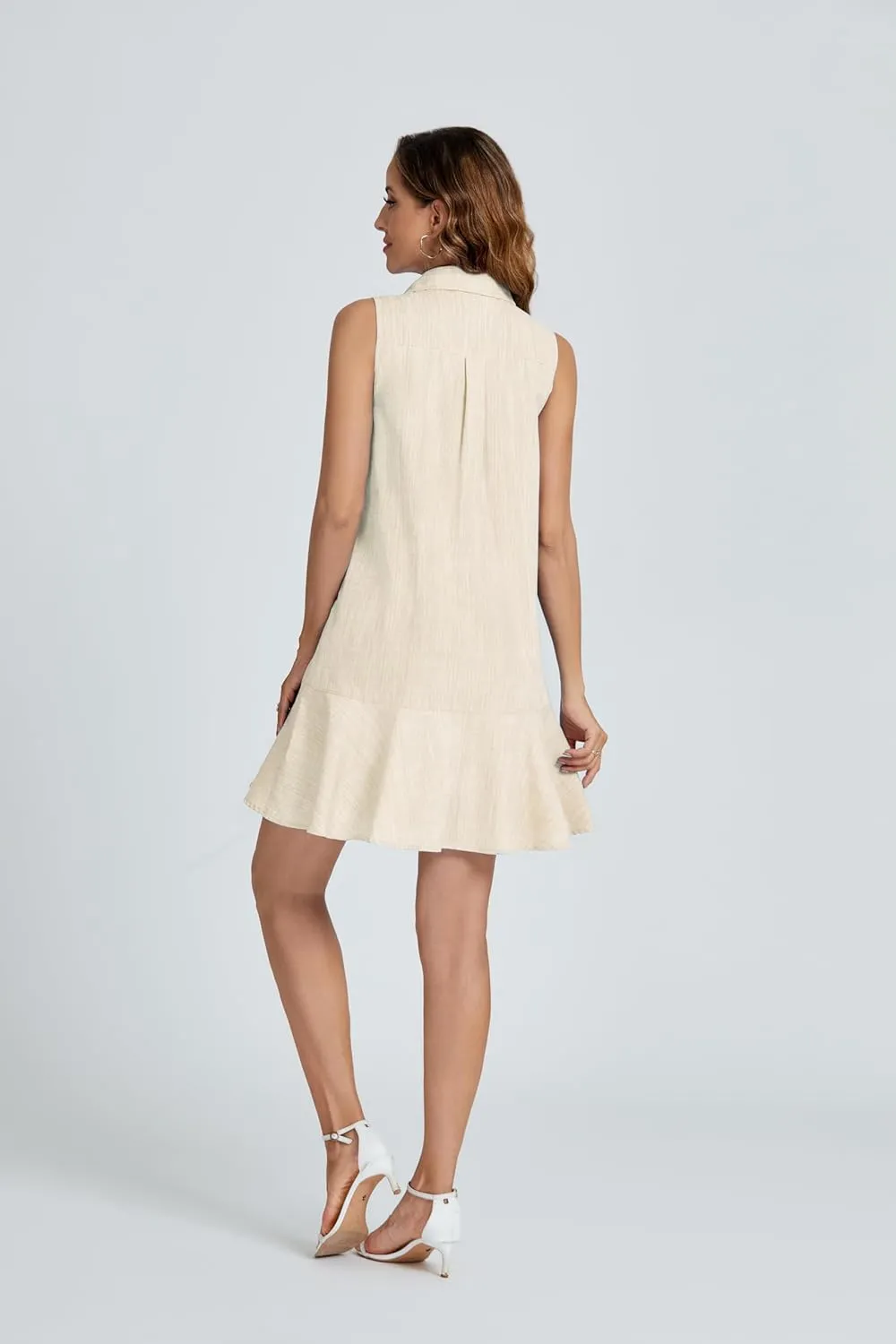 Womens Sleeveless Shirt Dress Ruffle Hem Cotton Tunic Tank Dress Button Up Swing Shift Mini Dresses