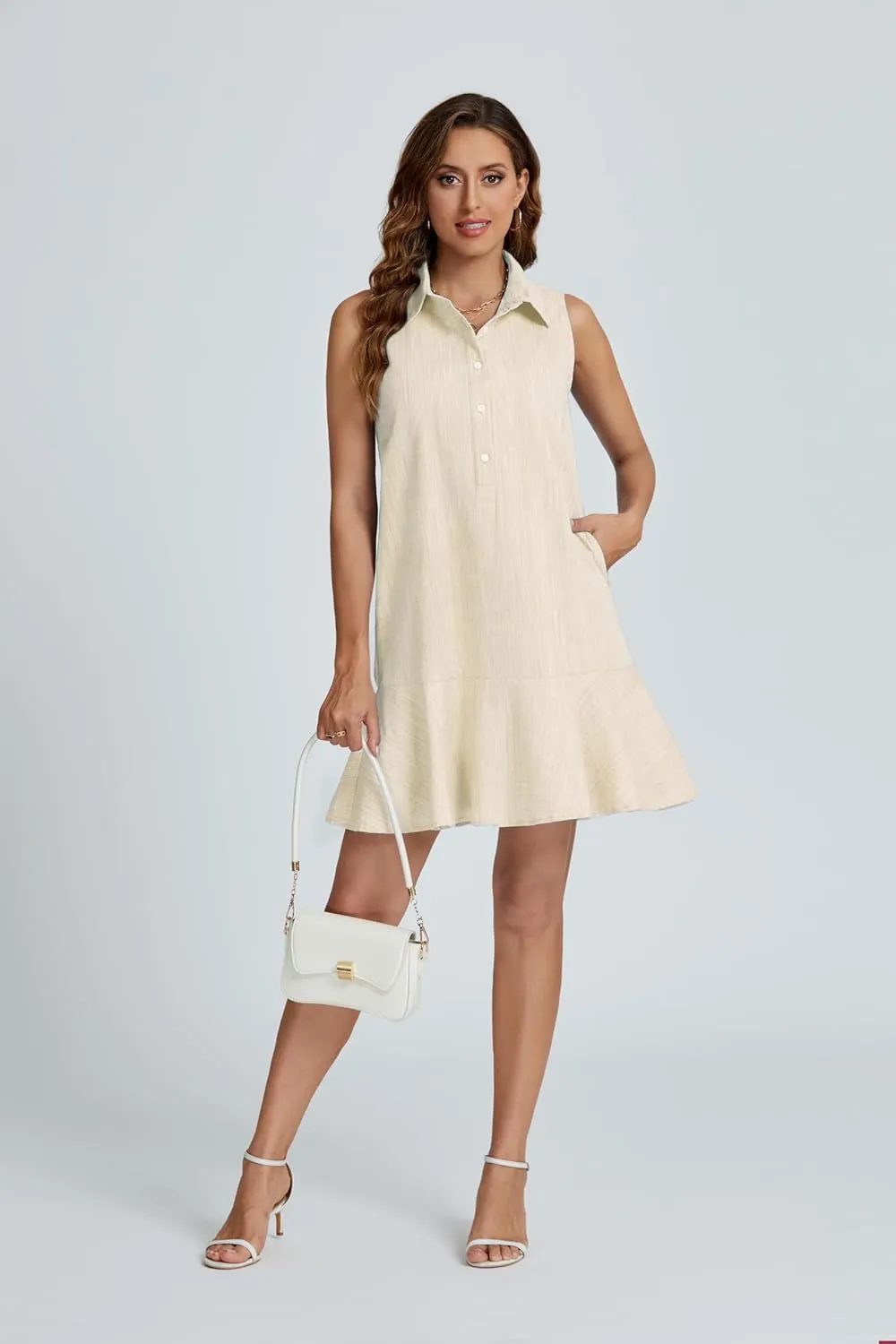 Womens Sleeveless Shirt Dress Ruffle Hem Cotton Tunic Tank Dress Button Up Swing Shift Mini Dresses