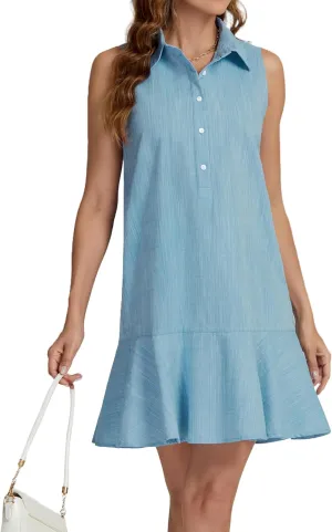Womens Sleeveless Shirt Dress Ruffle Hem Cotton Tunic Tank Dress Button Up Swing Shift Mini Dresses