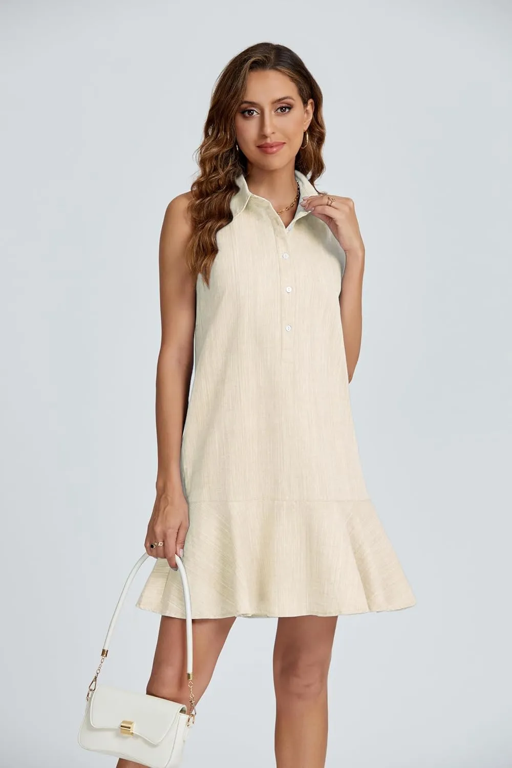Womens Sleeveless Shirt Dress Ruffle Hem Cotton Tunic Tank Dress Button Up Swing Shift Mini Dresses
