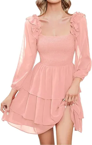 Women's Smocked Ruffle Mini Dress Square Neck Long Sleeve Party Dress CuteQCottagecore Wedding Guest Dress