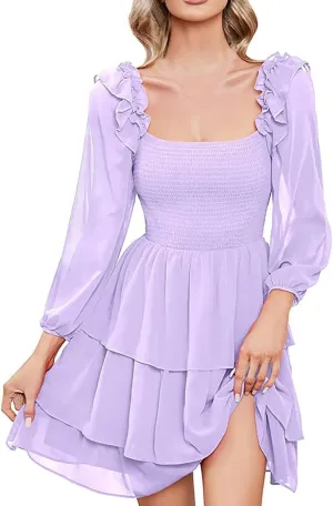 Women's Smocked Ruffle Mini Dress Square Neck Long Sleeve Party Dress CuteQCottagecore Wedding Guest Dress