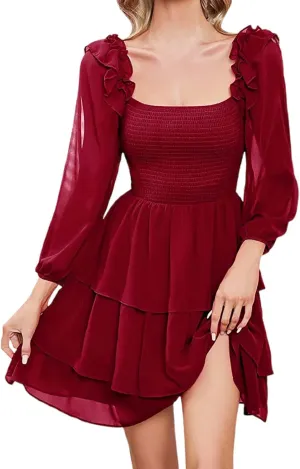 Women's Smocked Ruffle Mini Dress Square Neck Long Sleeve Party Dress CuteQCottagecore Wedding Guest Dress