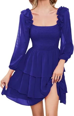 Women's Smocked Ruffle Mini Dress Square Neck Long Sleeve Party Dress CuteQCottagecore Wedding Guest Dress