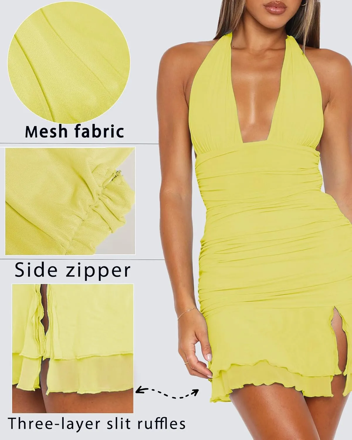Women's Summer Halter Dresses Sexy V Neck Backless Side Slit Ruched Waist Ruffle Cocktail Party Mesh Bodycon Mini Dress