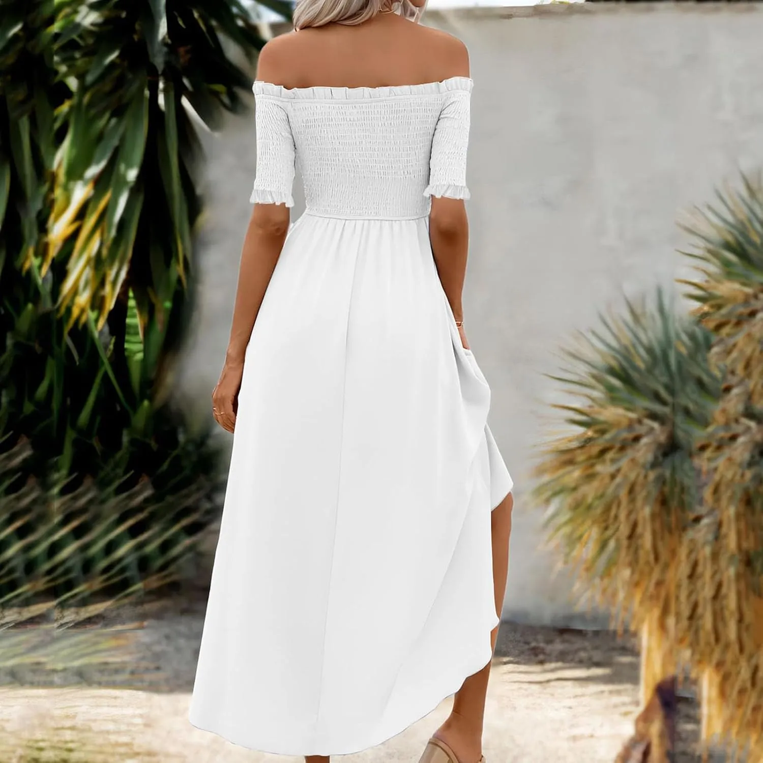 Womens Summer Midi Dresses Short Sleeve Off The Shoulder Flowy Long Dress Casual Loose Flowy Beach Dress