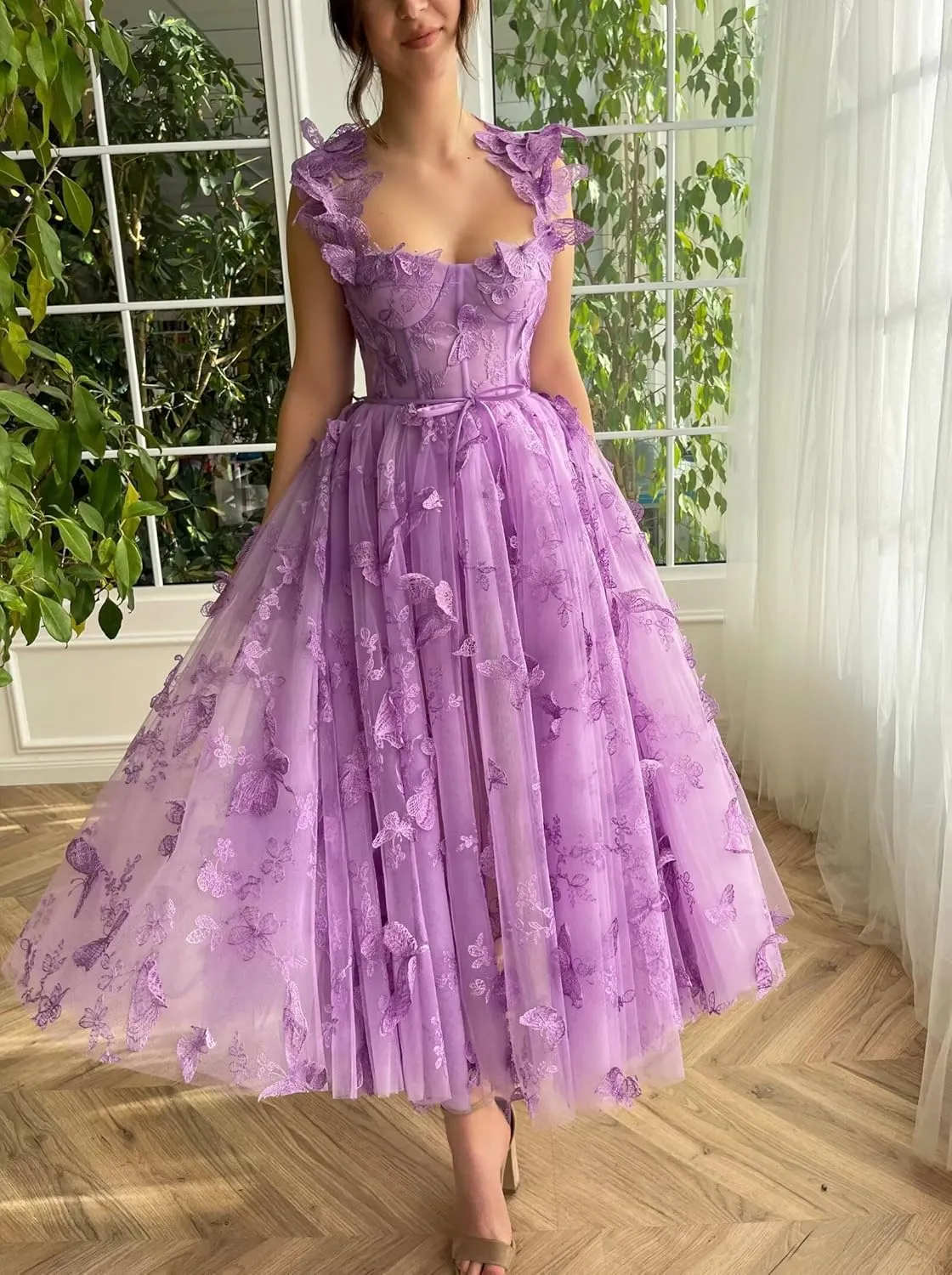Women's Tulle Prom Dresses Long 3D Butterfly Spaghetti Straps Homecoming Dresses with Slit Tea Length Party Dress