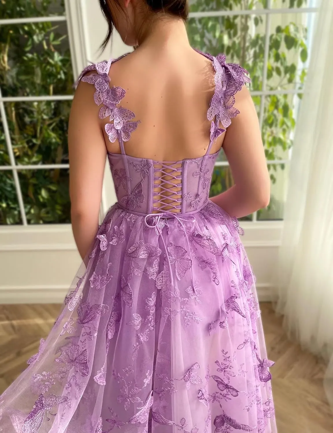 Women's Tulle Prom Dresses Long 3D Butterfly Spaghetti Straps Homecoming Dresses with Slit Tea Length Party Dress