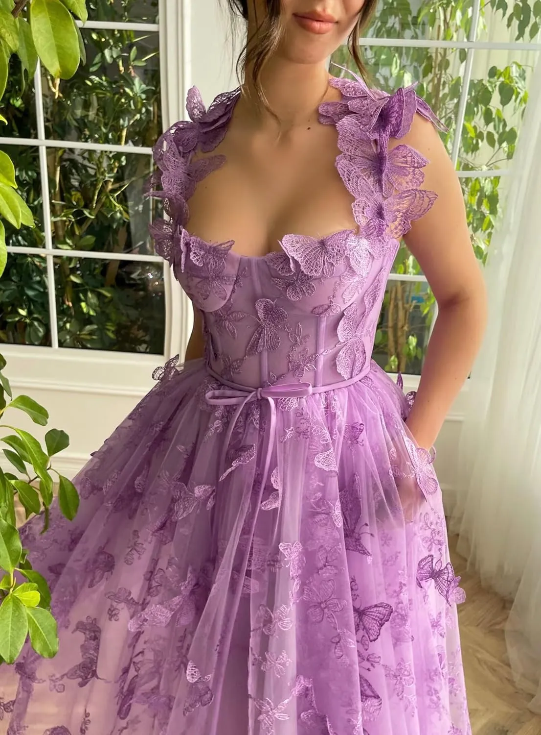 Women's Tulle Prom Dresses Long 3D Butterfly Spaghetti Straps Homecoming Dresses with Slit Tea Length Party Dress