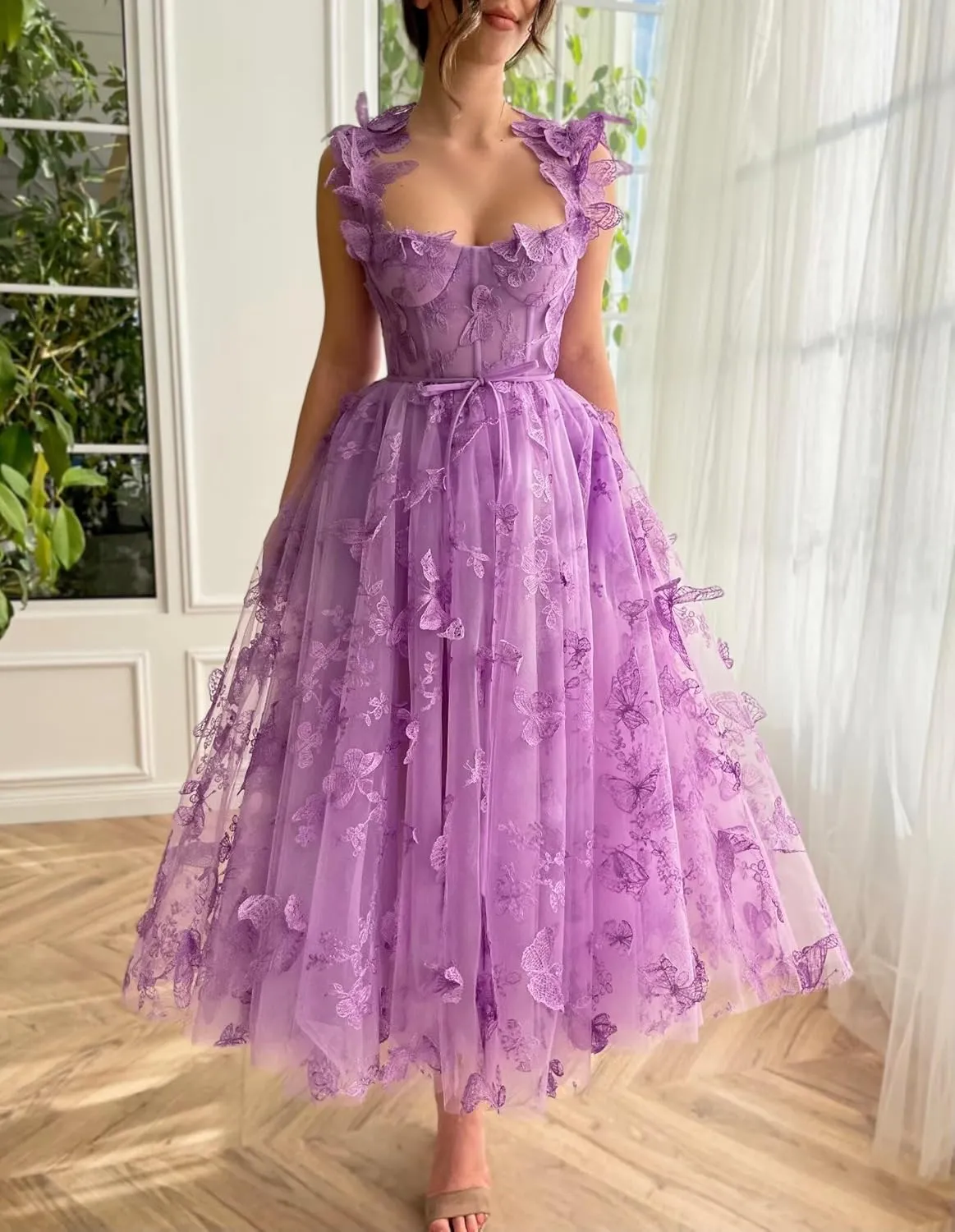 Women's Tulle Prom Dresses Long 3D Butterfly Spaghetti Straps Homecoming Dresses with Slit Tea Length Party Dress