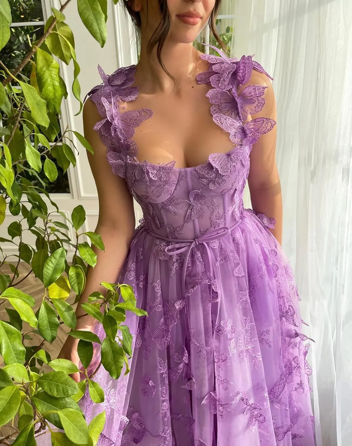 Women's Tulle Prom Dresses Long 3D Butterfly Spaghetti Straps Homecoming Dresses with Slit Tea Length Party Dress