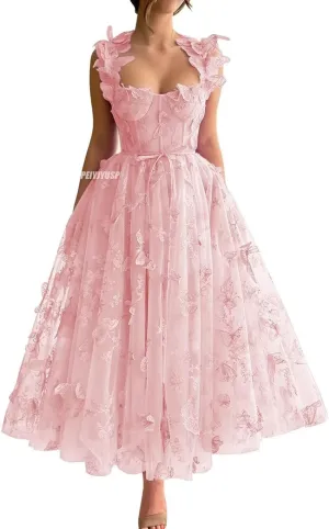 Women's Tulle Prom Dresses Long 3D Butterfly Spaghetti Straps Homecoming Dresses with Slit Tea Length Party Dress